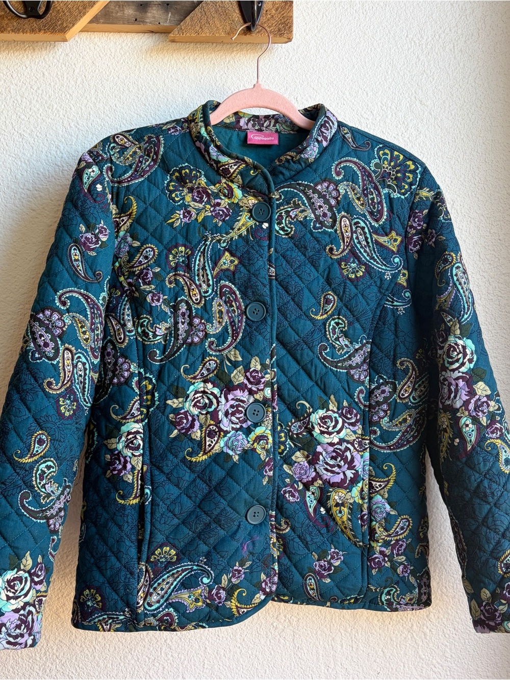 Vintage Teal Paisley Print Quilted Jacket Medium
